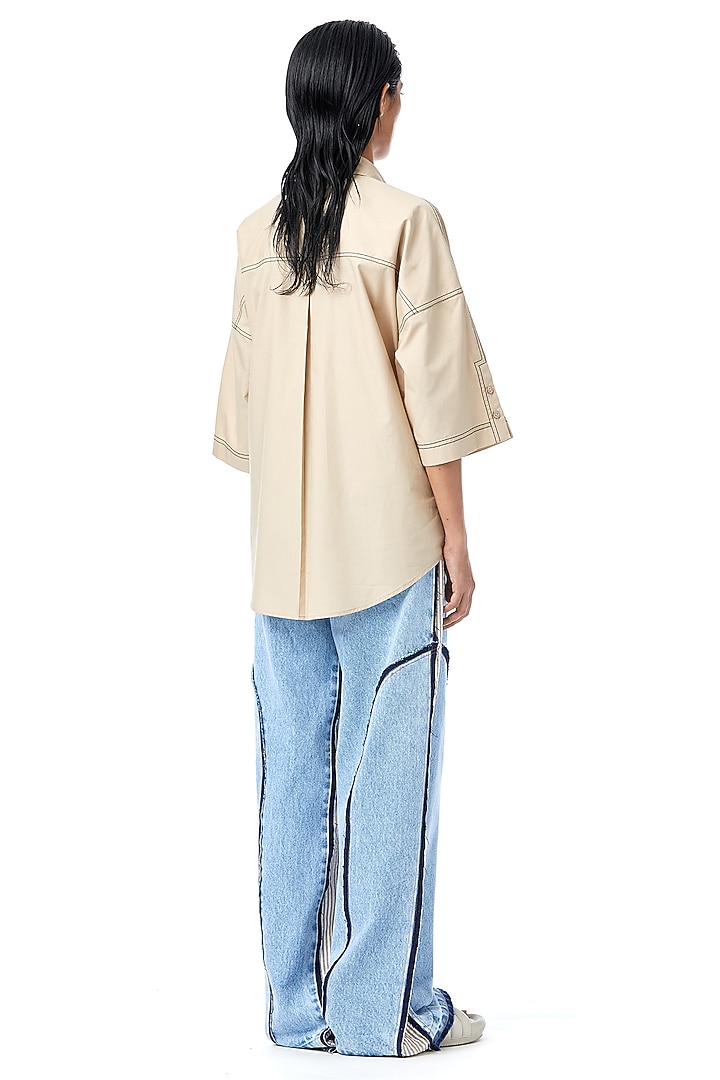 Beige Cotton Applique Embellished Shirt by Kanika Goyal at Pernia's Pop Up Shop
