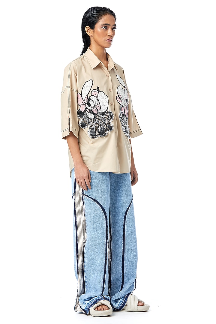 Beige Cotton Applique Embellished Shirt by Kanika Goyal at Pernia's Pop Up Shop