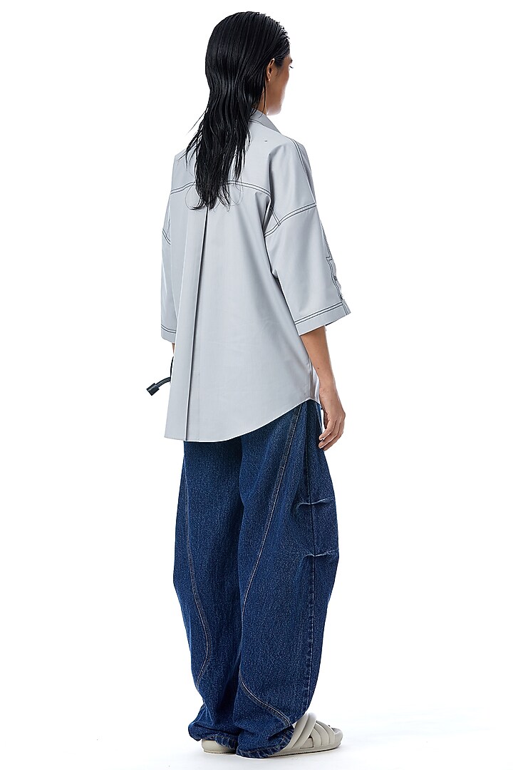 Grey Cotton Applique Embellished Shirt by Kanika Goyal at Pernia's Pop Up Shop