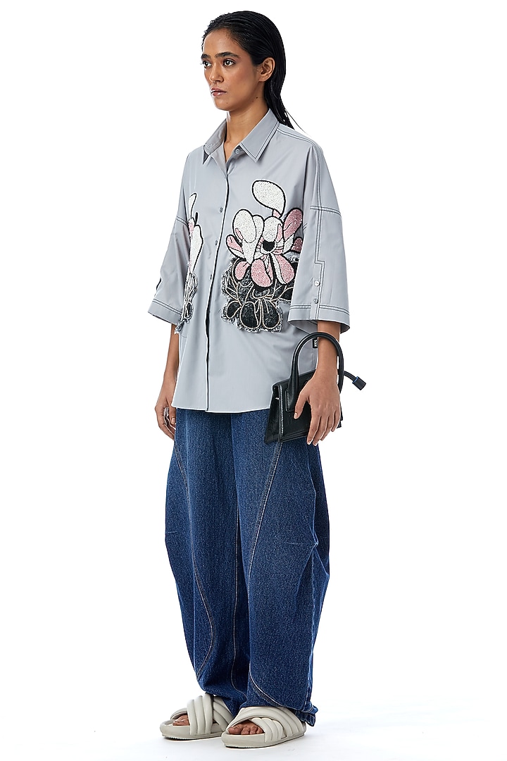 Grey Cotton Applique Embellished Shirt by Kanika Goyal at Pernia's Pop Up Shop