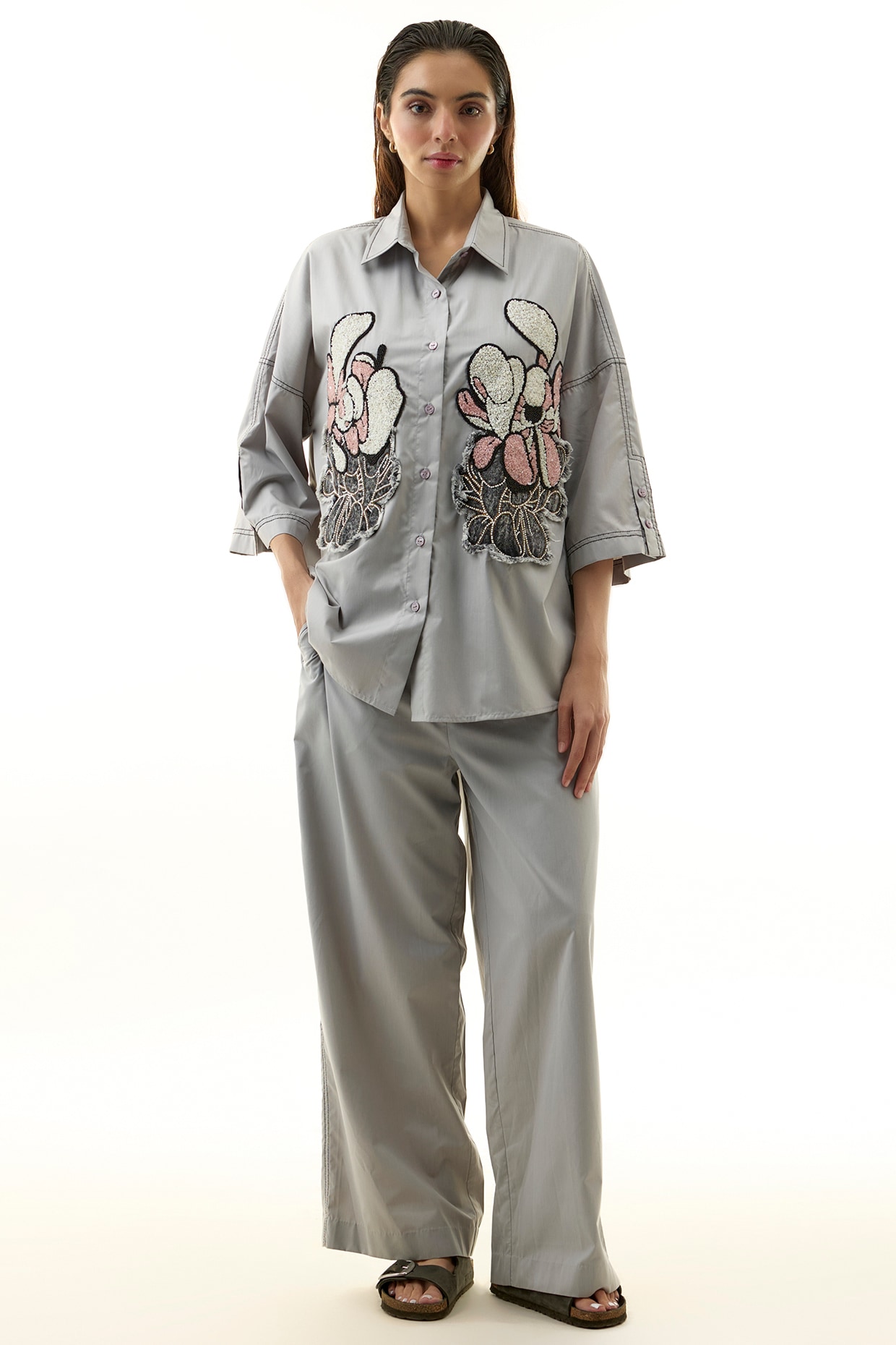 Grey Cotton Embellished Co-ord Set by Kanika Goyal at Pernia's Pop