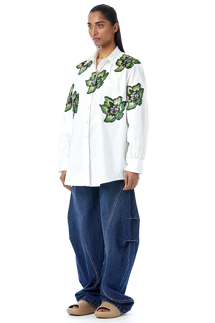White Cotton Embellished Shirt by Kanika Goyal at Pernia's Pop Up Shop