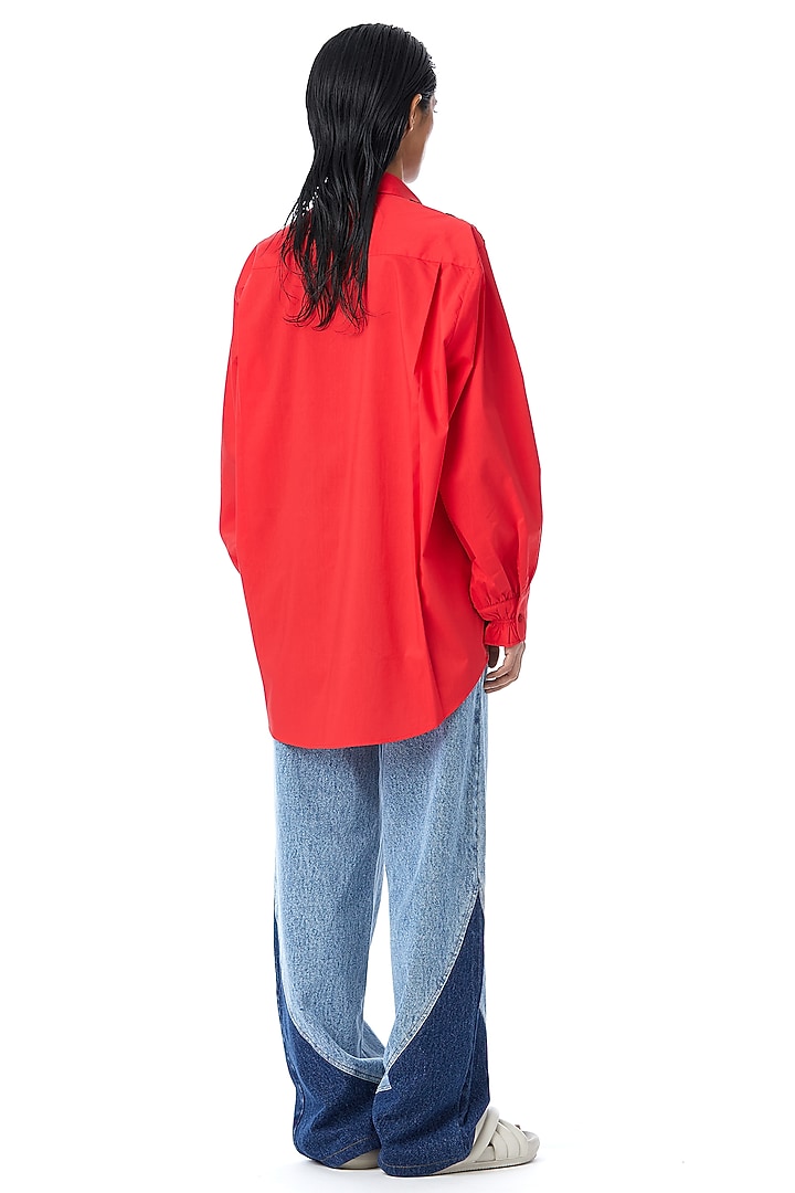 Red Cotton Embellished Shirt by Kanika Goyal at Pernia's Pop Up Shop