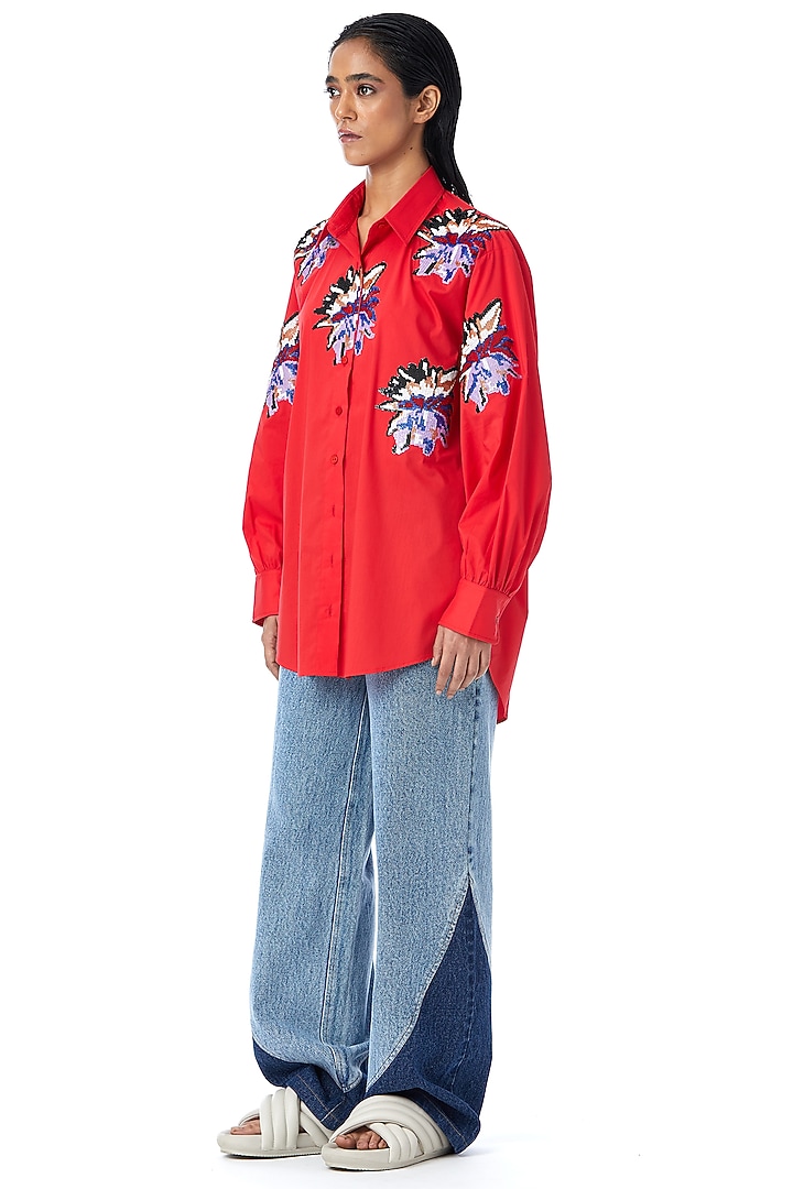 Red Cotton Embellished Shirt by Kanika Goyal at Pernia's Pop Up Shop