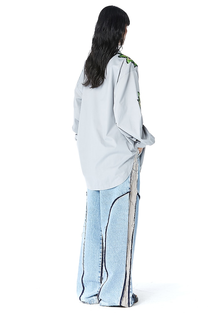 Grey Cotton Embellished Oversized Shirt by Kanika Goyal at Pernia's Pop Up Shop