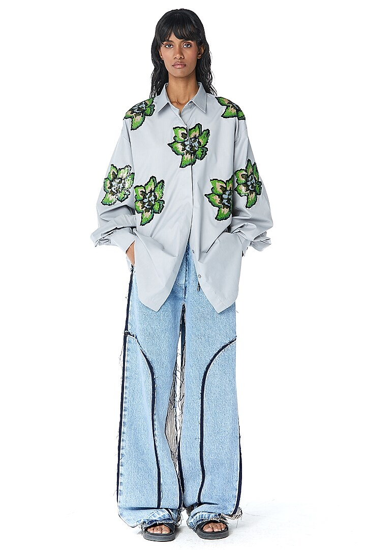 Grey Cotton Embellished Oversized Shirt by Kanika Goyal at Pernia's Pop Up Shop