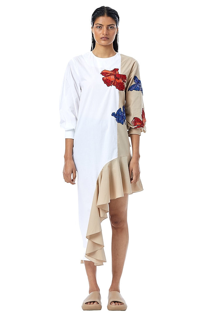White & Beige Cotton Embellished Color-Blocked Midi Dress by Kanika Goyal