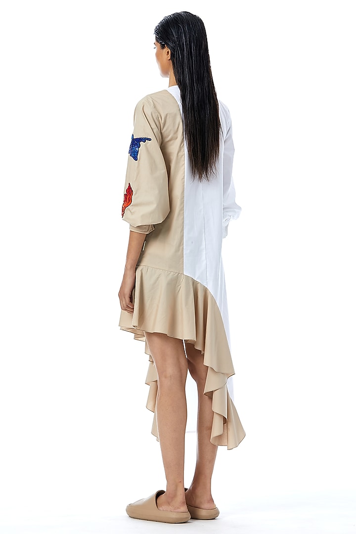 White & Beige Cotton Embellished Color-Blocked Midi Vacation Dress by Kanika Goyal at Pernia's Pop Up Shop