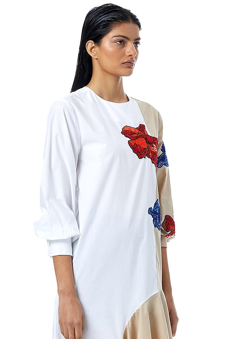 White & Beige Cotton Embellished Color-Blocked Midi Vacation Dress by Kanika Goyal at Pernia's Pop Up Shop