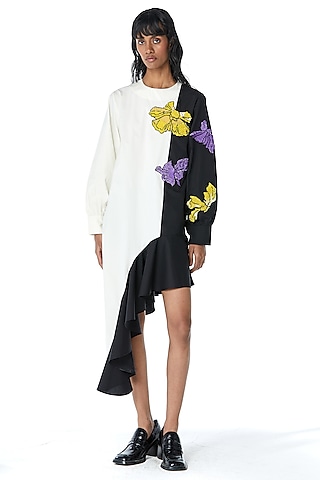White & Black Cotton Color Block Embellished Dress by Kanika Goyal