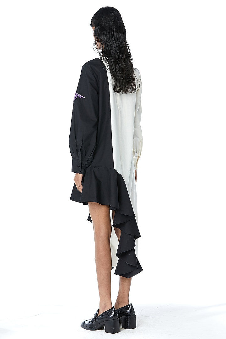 White & Black Cotton Color Block Embellished Vacation Dress by Kanika Goyal at Pernia's Pop Up Shop