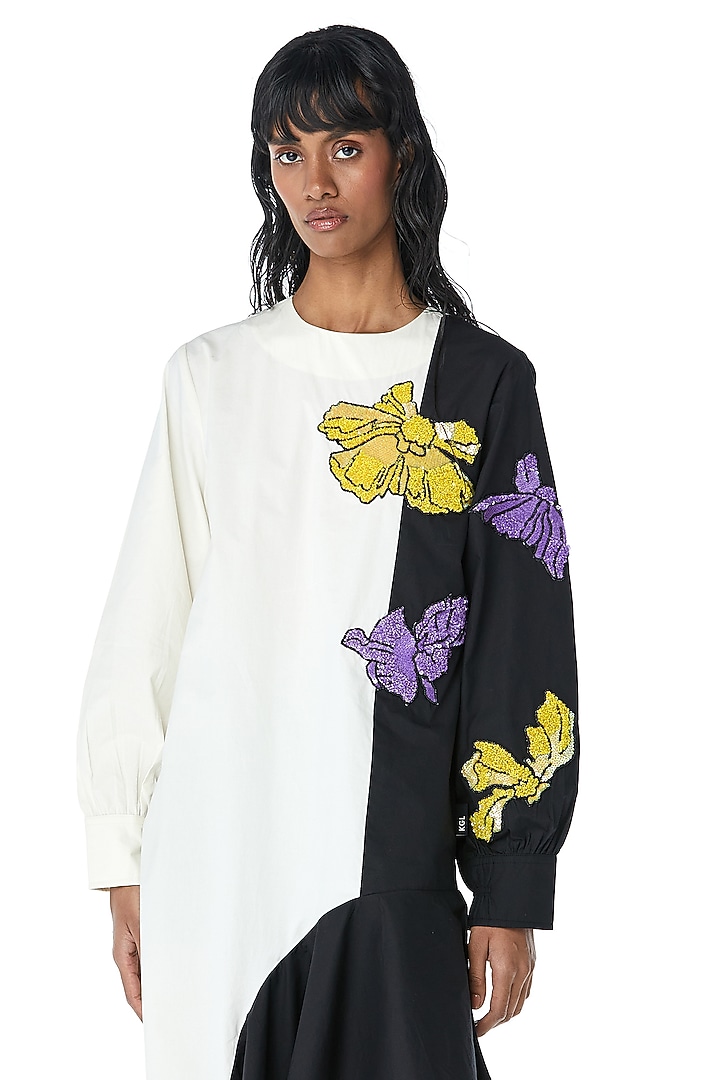 White & Black Cotton Color Block Embellished Vacation Dress by Kanika Goyal at Pernia's Pop Up Shop