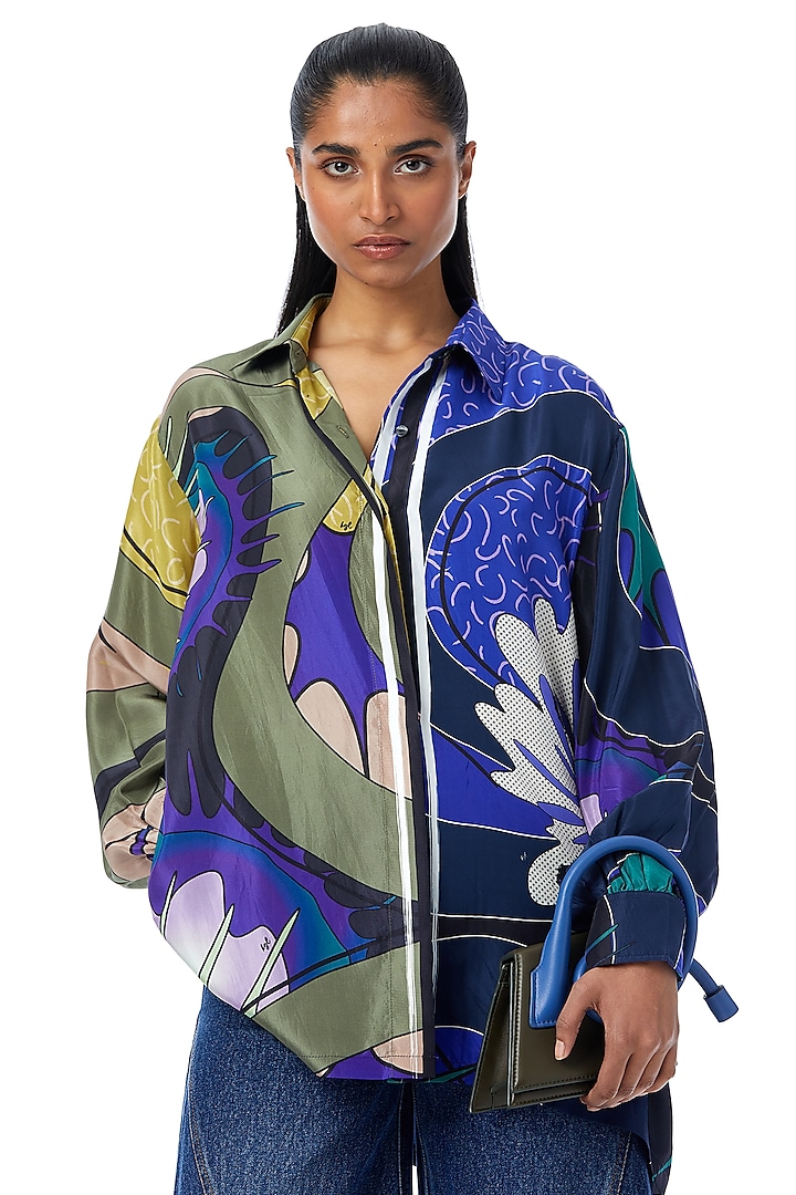 Multi-Colored Silk Printed Oversized Shirt by Kanika Goyal