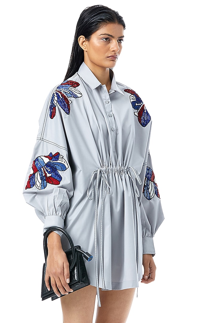 Blue Cotton Embellished Mini Vacation Shirt Dress by Kanika Goyal at Pernia's Pop Up Shop