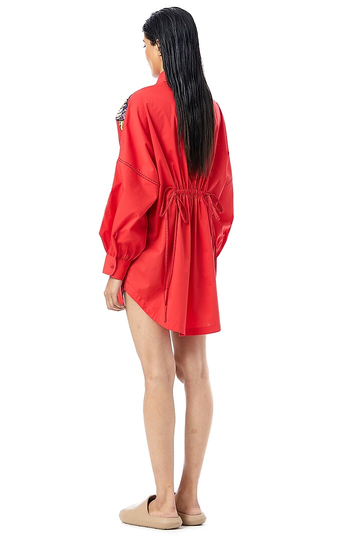 Red Cotton Embellished Mini Vacation Shirt Dress by Kanika Goyal at Pernia's Pop Up Shop