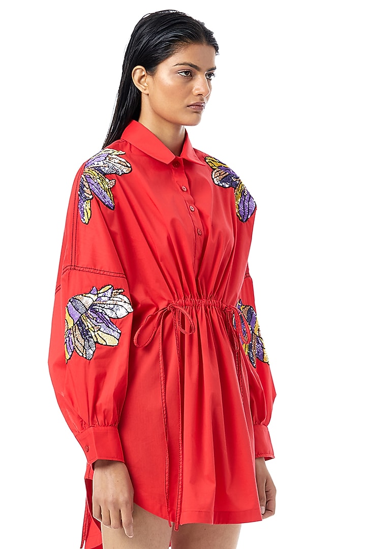 Red Cotton Embellished Mini Vacation Shirt Dress by Kanika Goyal at Pernia's Pop Up Shop
