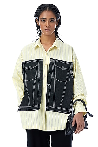 Yellow & Blue Cotton Stripe Printed Shirt by Kanika Goyal
