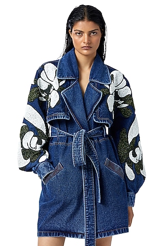 Blue Denim Embellished Trench Coat by Kanika Goyal