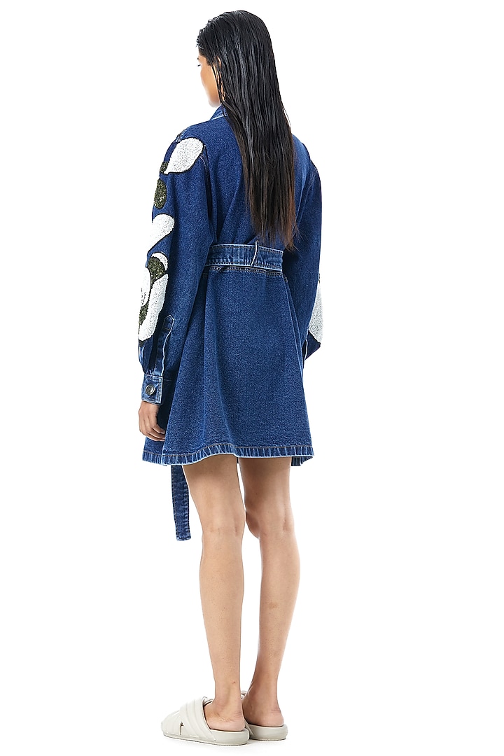 Blue Denim Embellished Trench Coat by Kanika Goyal at Pernia's Pop Up Shop