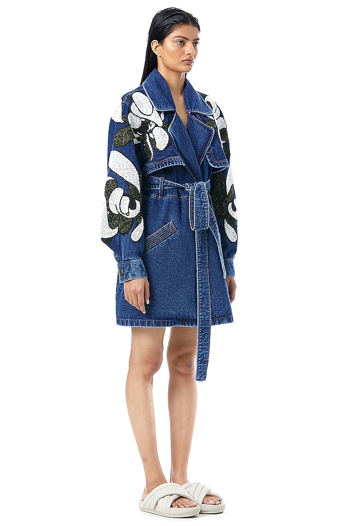 Blue Denim Embellished Trench Coat by Kanika Goyal at Pernia's Pop Up Shop