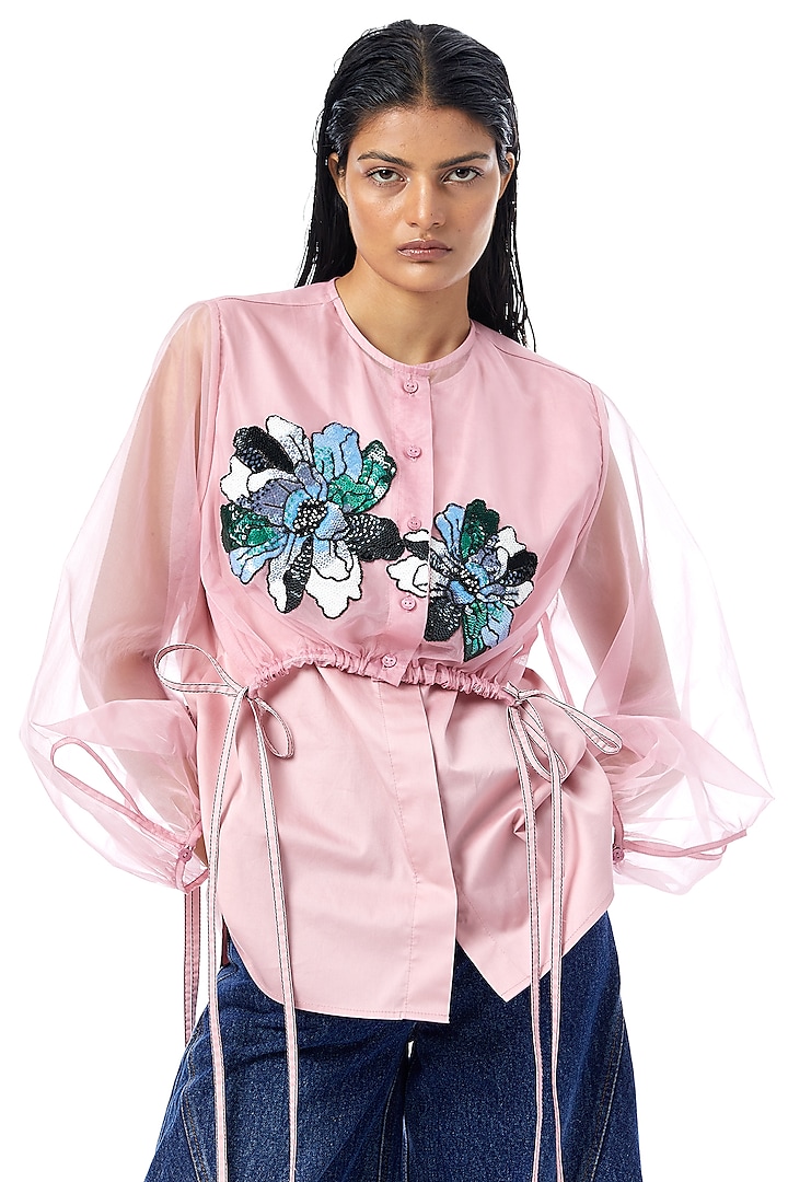 Pink Cotton Embellished Overlay Shirt by Kanika Goyal