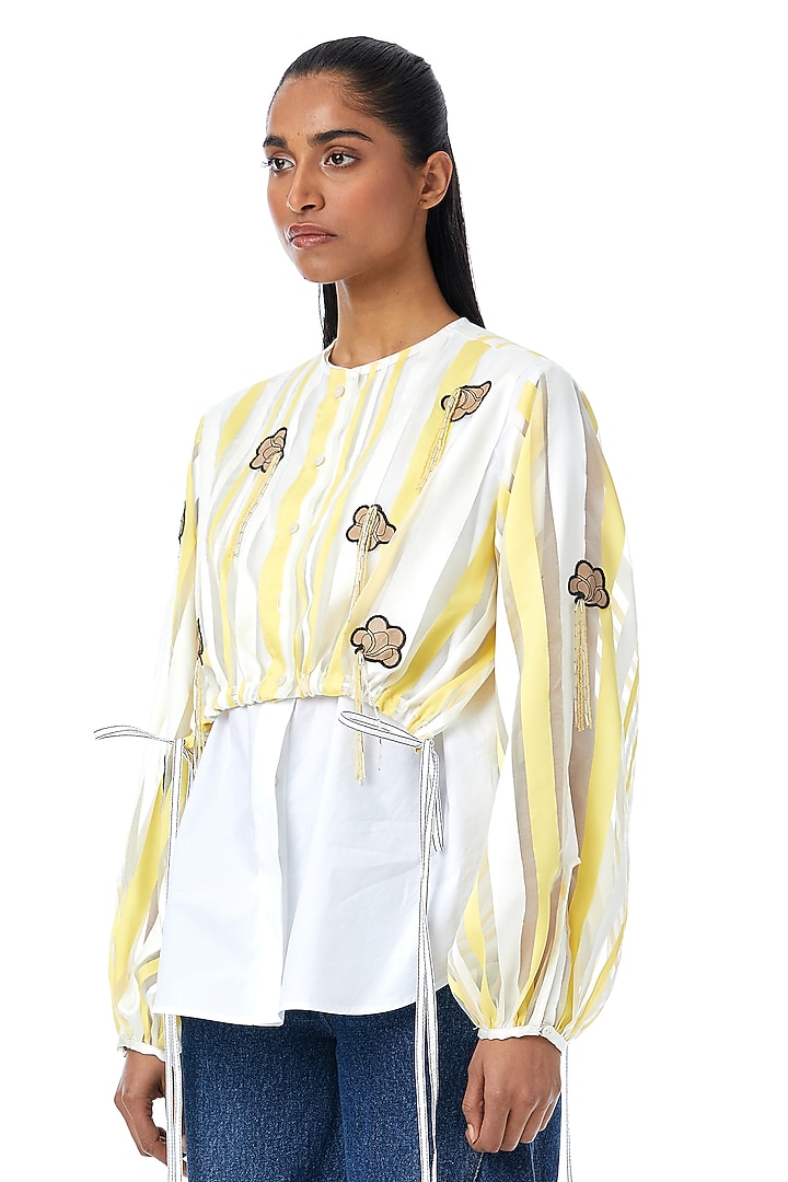 White Cotton Embellished Shirt With Overlay by Kanika Goyal at Pernia's Pop Up Shop