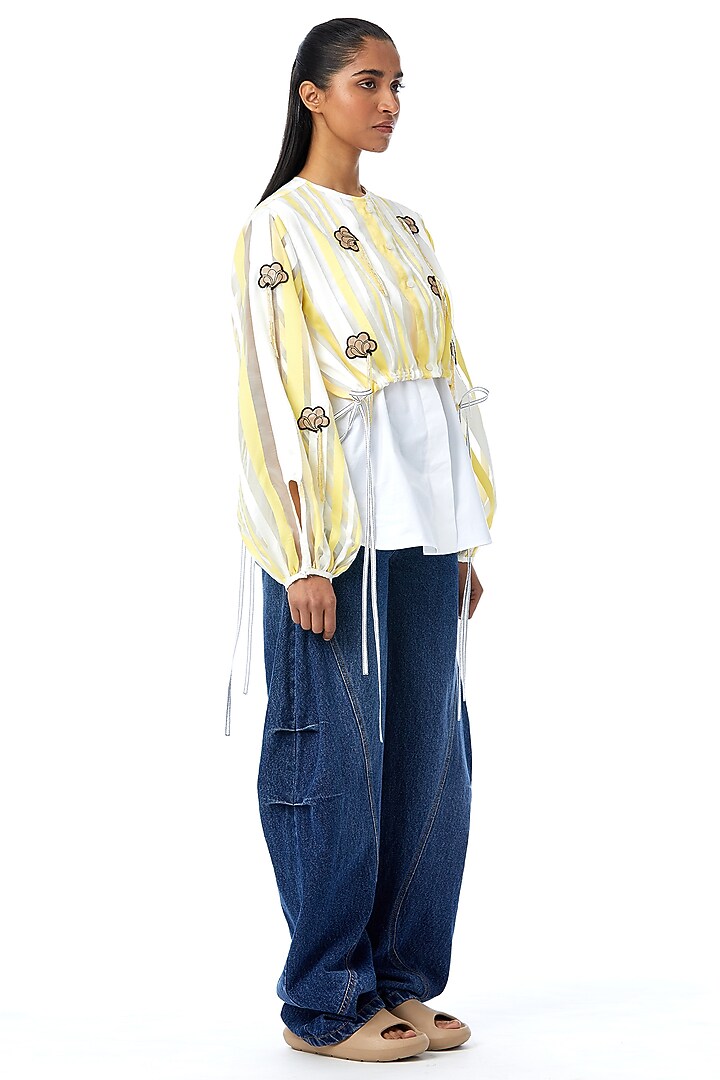 White Cotton Embellished Shirt With Overlay by Kanika Goyal at Pernia's Pop Up Shop