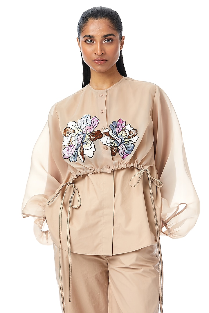 Beige Cotton Embellished Overlay Shirt by Kanika Goyal at Pernia's Pop Up Shop