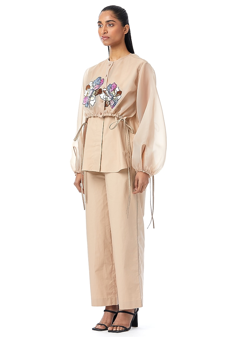 Beige Cotton Embellished Overlay Shirt by Kanika Goyal at Pernia's Pop Up Shop