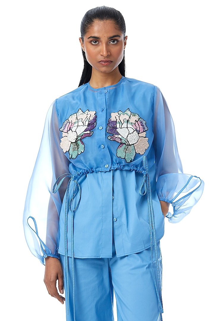Blue Cotton Embellished Overlay Shirt by Kanika Goyal