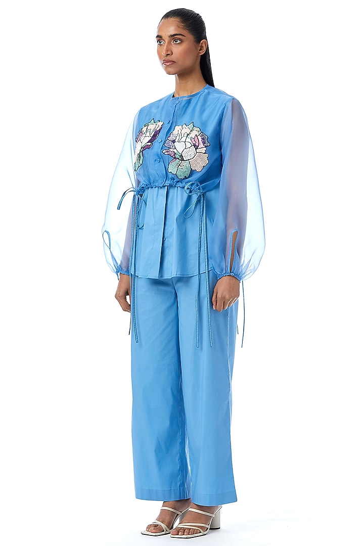 Blue Cotton Embellished Overlay Shirt by Kanika Goyal at Pernia's Pop Up Shop