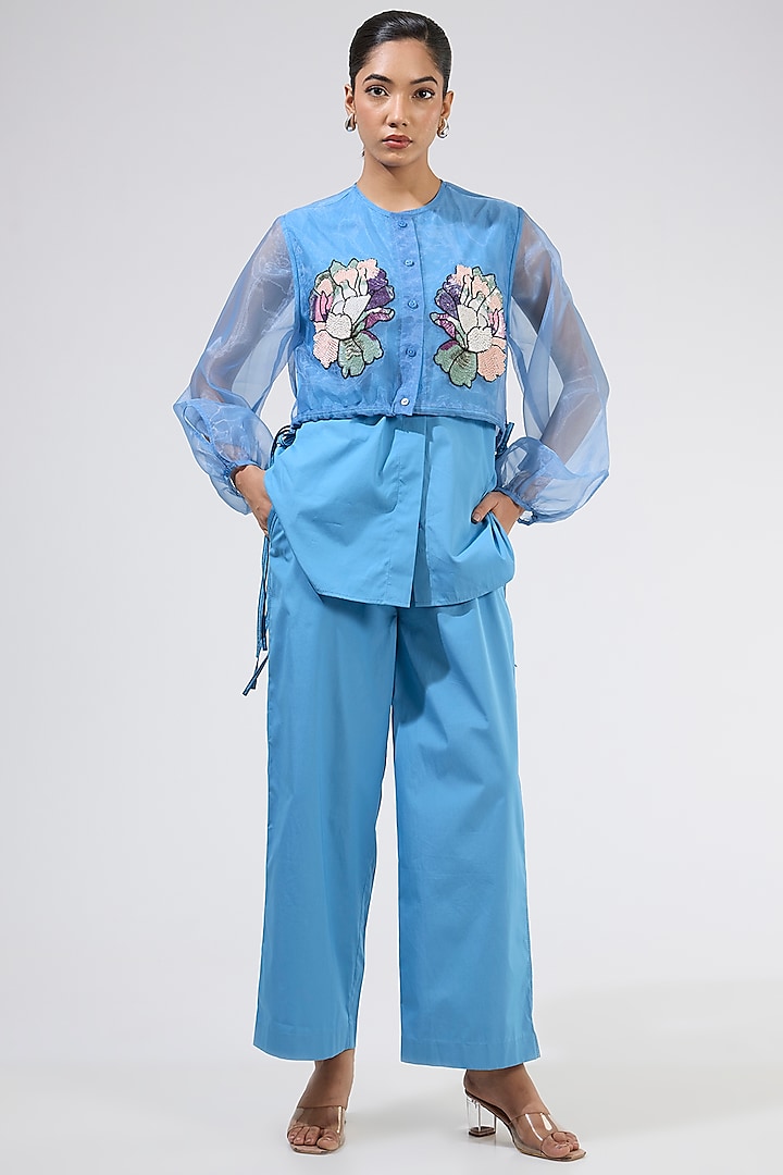 Blue Organza Embellished Co-Ord Set by Kanika Goyal at Pernia's Pop Up Shop