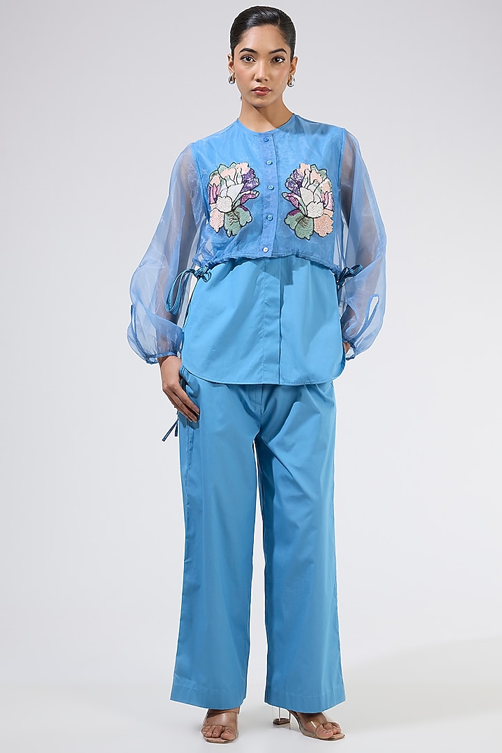 Blue Organza Embellished Co-Ord Set by Kanika Goyal at Pernia's Pop Up Shop