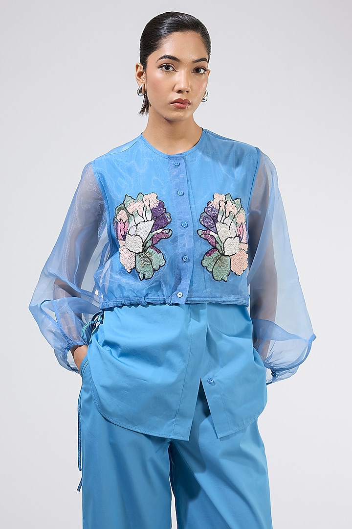 Blue Organza Embellished Co-Ord Set by Kanika Goyal at Pernia's Pop Up Shop
