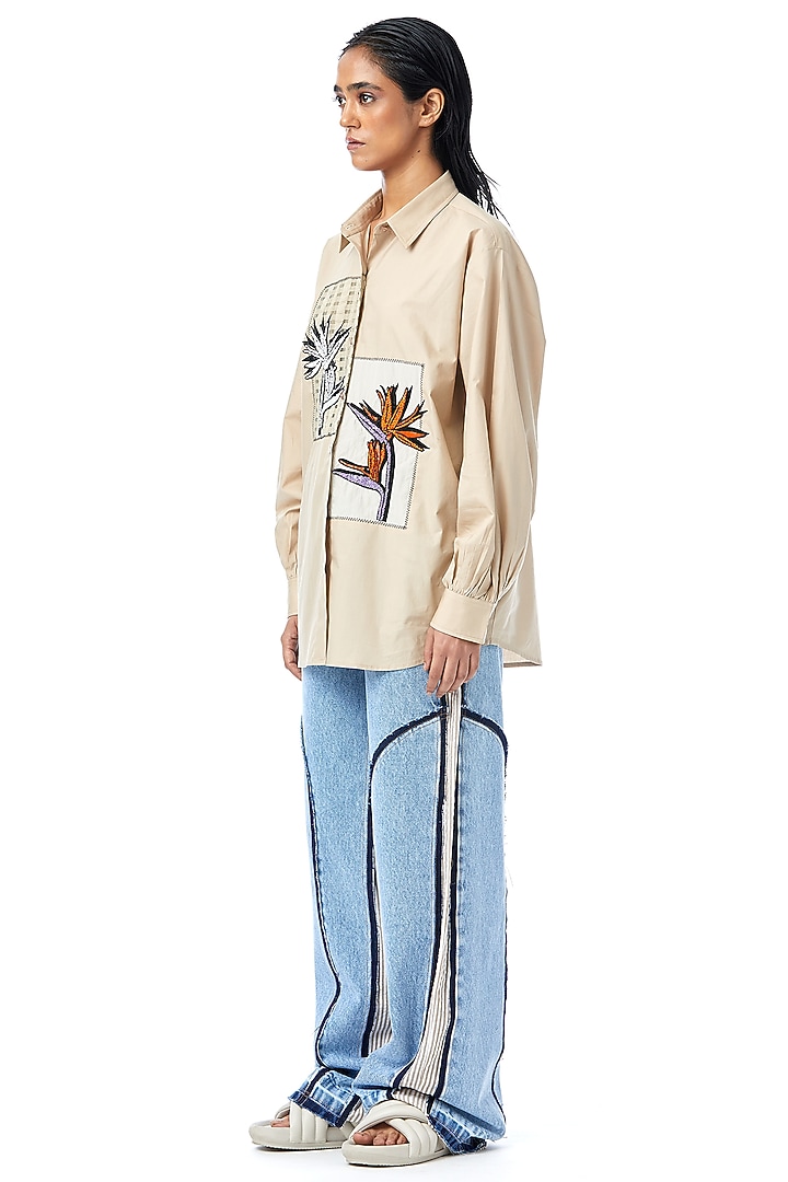 Beige Cotton Embellished Shirt by Kanika Goyal at Pernia's Pop Up Shop