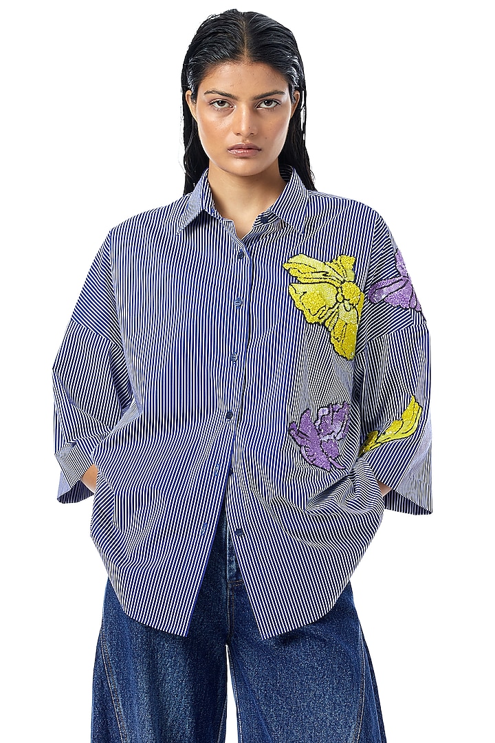 White & Blue Cotton Embellished Pinstriped Shirt by Kanika Goyal