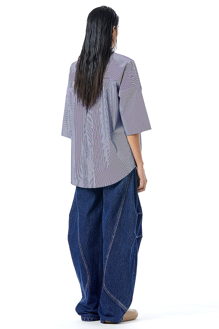 White & Blue Cotton Embellished Pinstriped Shirt by Kanika Goyal at Pernia's Pop Up Shop