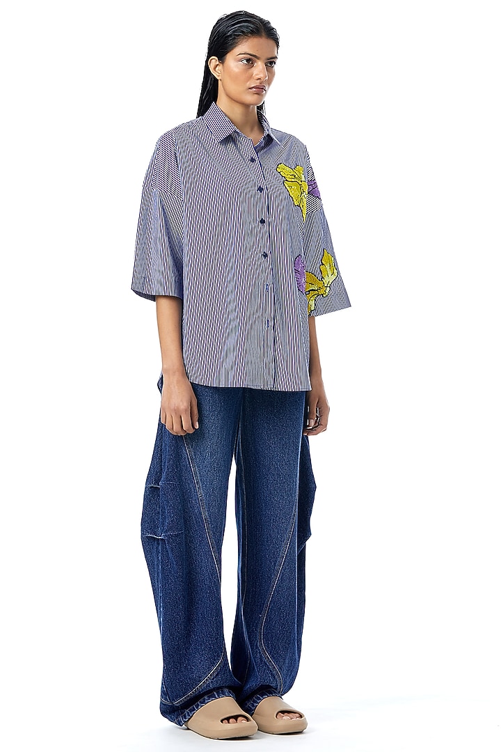 White & Blue Cotton Embellished Pinstriped Shirt by Kanika Goyal at Pernia's Pop Up Shop