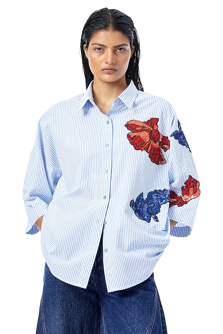 White & Sky Blue Cotton Embellished Pinstriped Shirt by Kanika Goyal