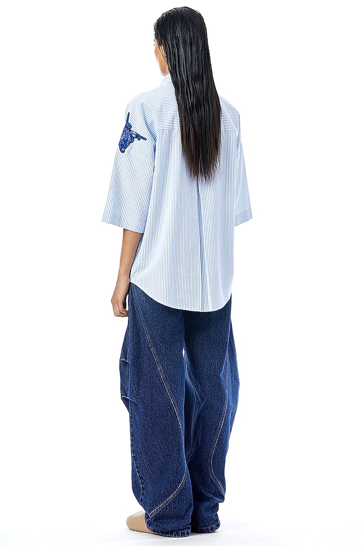 White & Sky Blue Cotton Embellished Pinstriped Shirt by Kanika Goyal at Pernia's Pop Up Shop