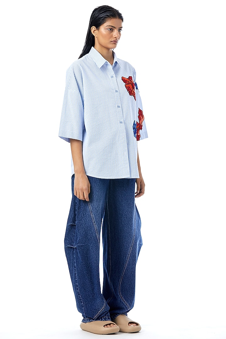 White & Sky Blue Cotton Embellished Pinstriped Shirt by Kanika Goyal at Pernia's Pop Up Shop