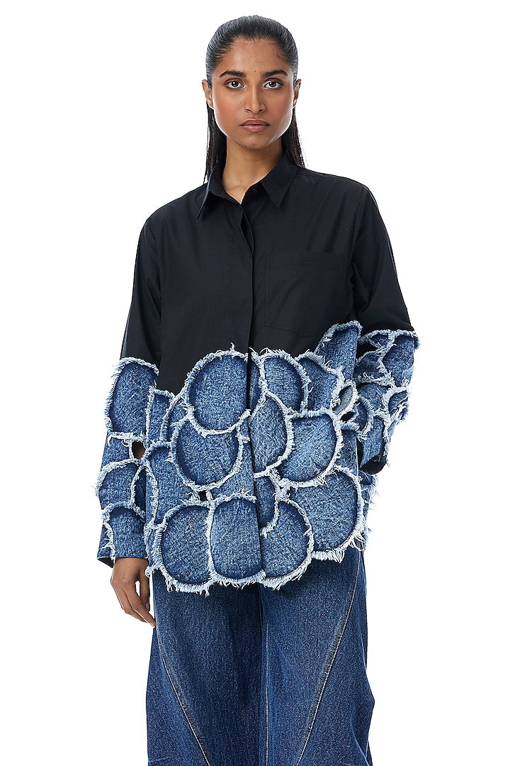 Black Cotton & Denim Patchwork Shirt by Kanika Goyal