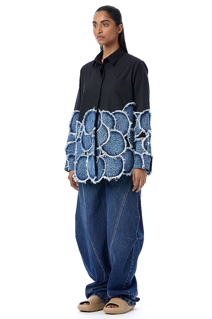 Black Cotton & Denim Patchwork Shirt by Kanika Goyal at Pernia's Pop Up Shop