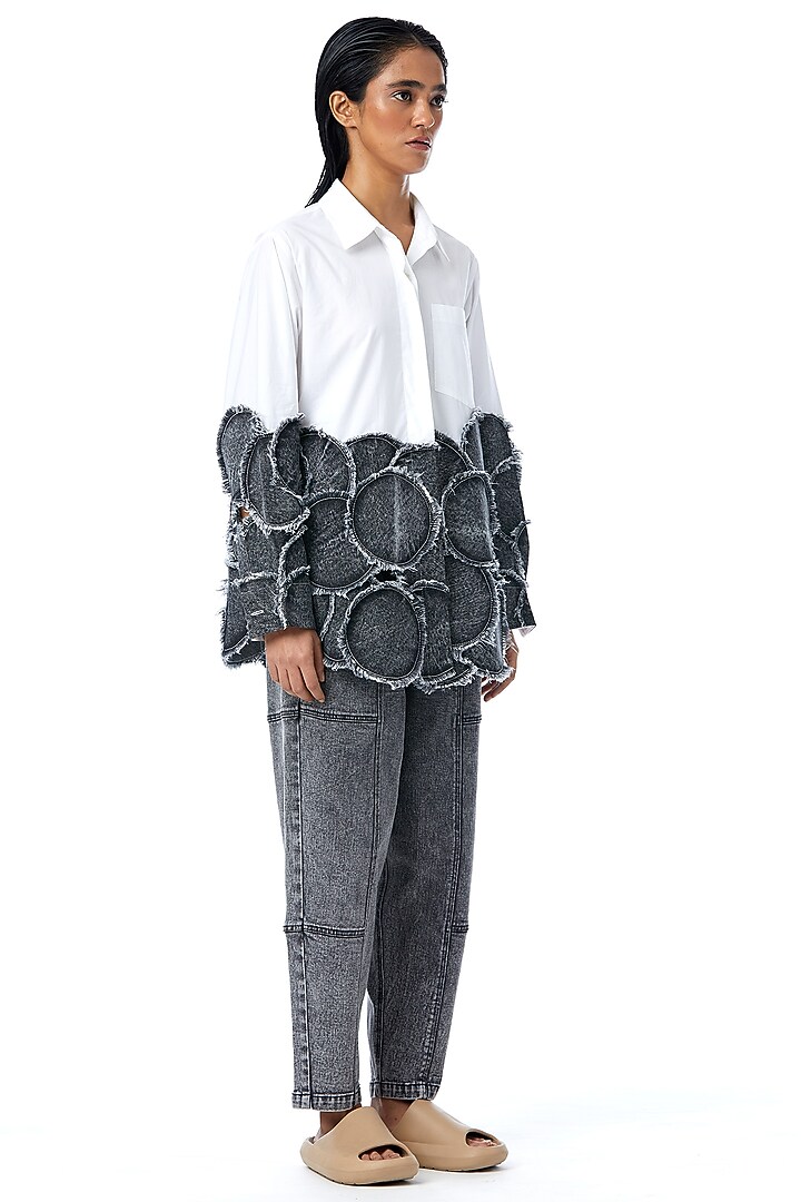 White Cotton & Denim Patchwork Shirt by Kanika Goyal at Pernia's Pop Up Shop