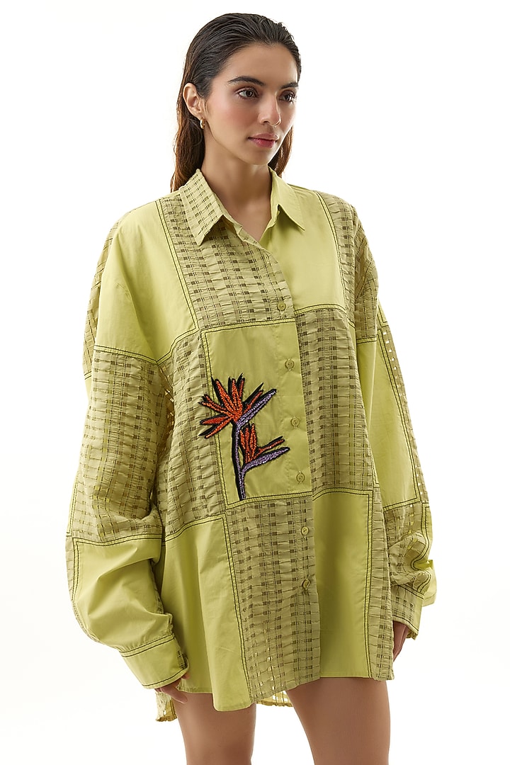 Yellow Cotton Embellished Shirt by Kanika Goyal at Pernia's Pop Up Shop