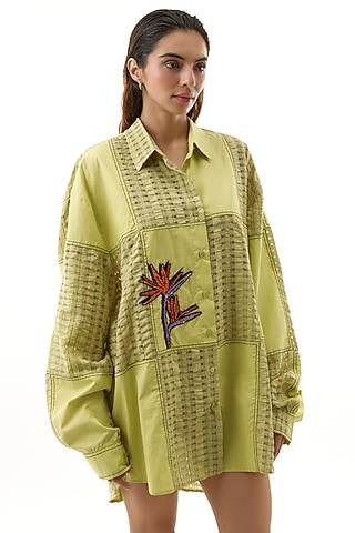 Yellow Cotton Embellished Shirt by Kanika Goyal