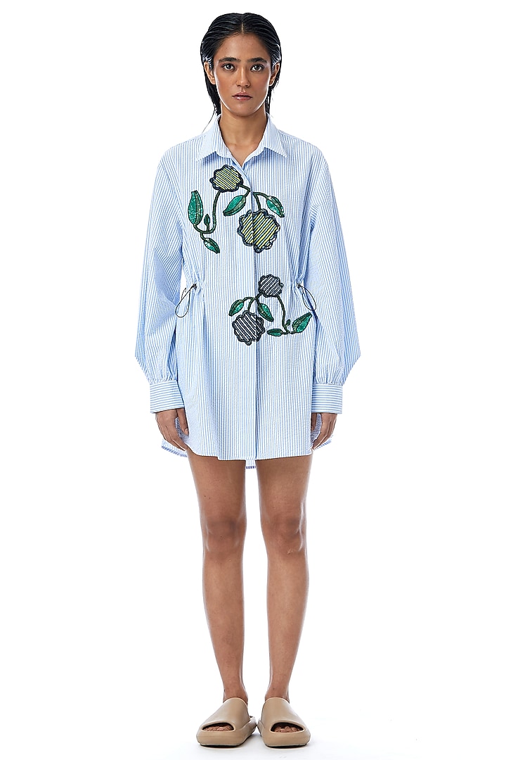 Blue Cotton Embellished Shirt Mini Vacation Dress by Kanika Goyal at Pernia's Pop Up Shop