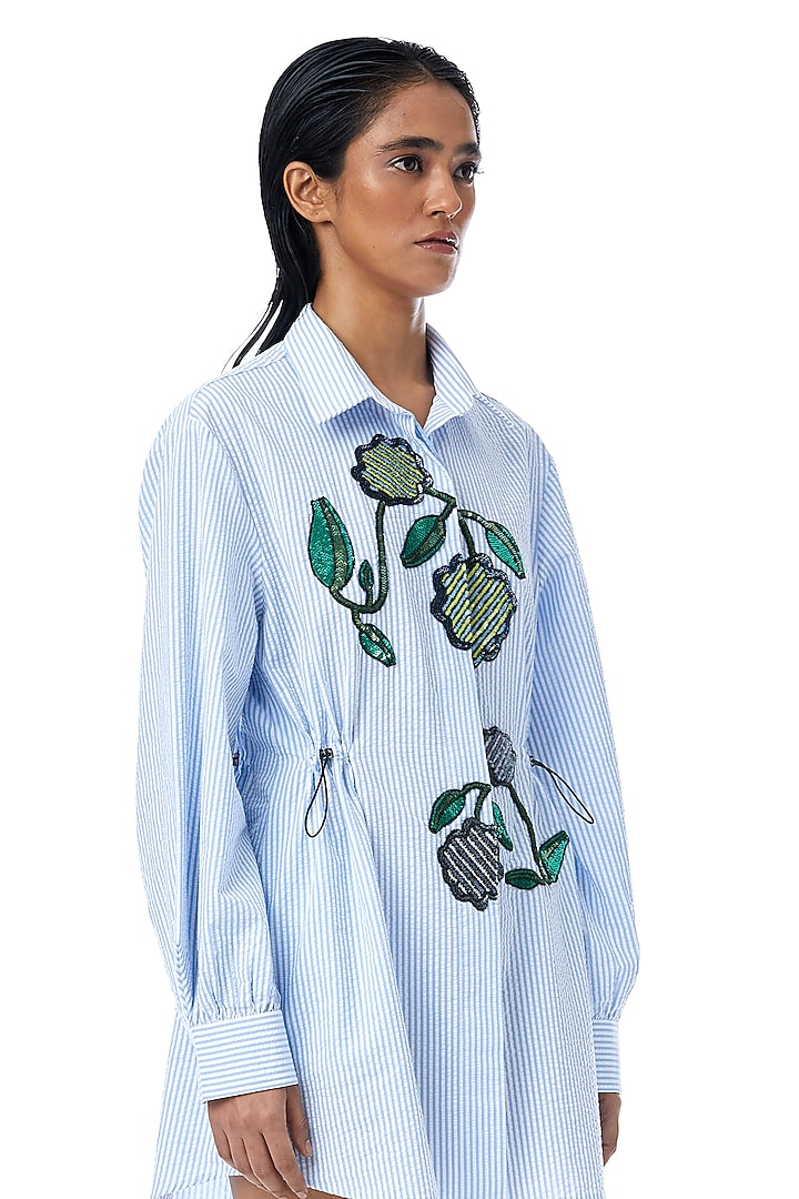 Blue Cotton Embellished Shirt Mini Vacation Dress by Kanika Goyal at Pernia's Pop Up Shop
