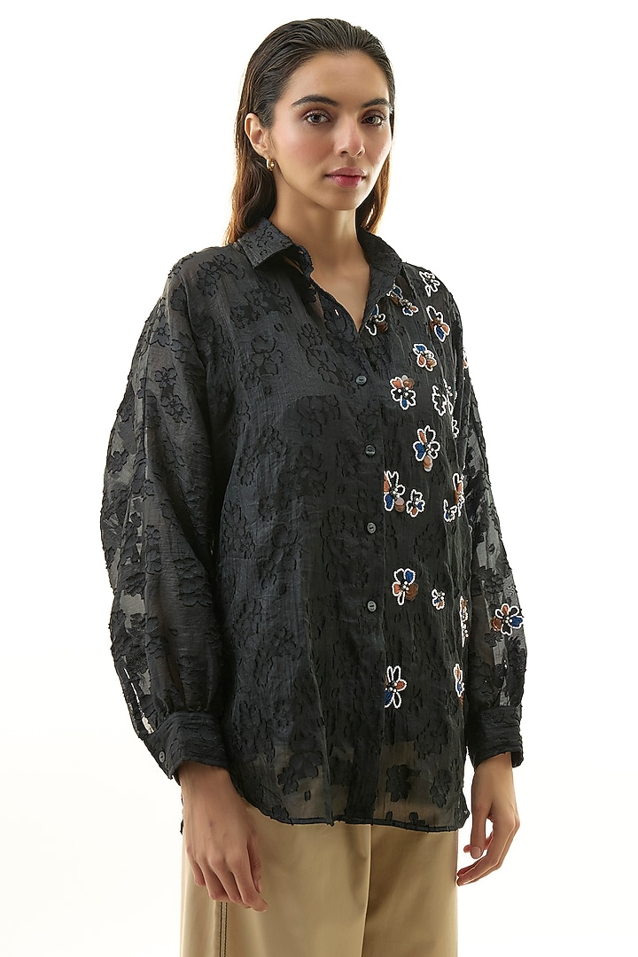 Black Cotton Embellished Shirt by Kanika Goyal at Pernia's Pop Up Shop