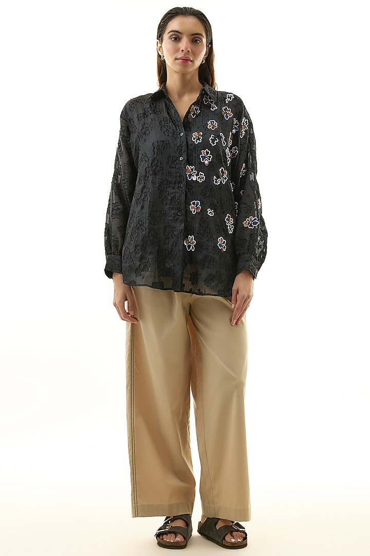 Black Cotton Embellished Shirt by Kanika Goyal at Pernia's Pop Up Shop